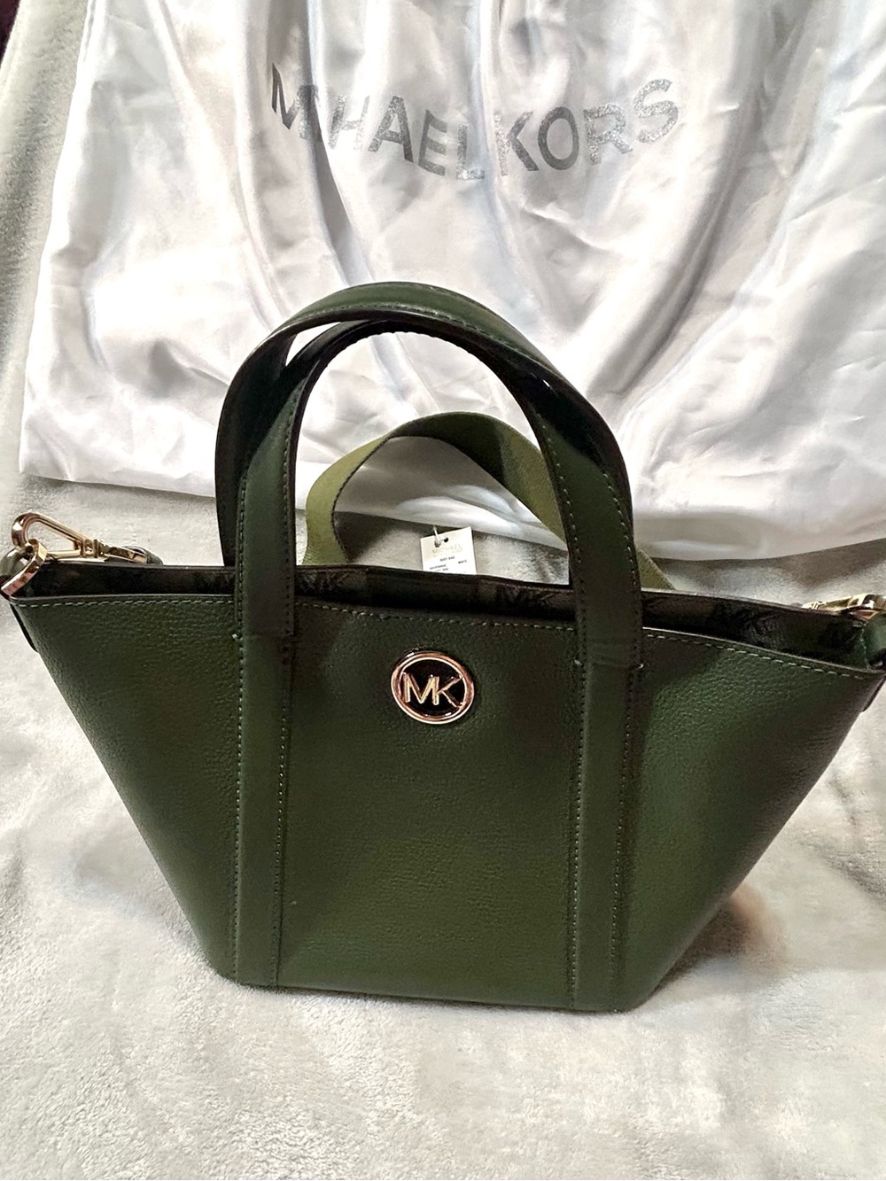 Michael Kors Dark Olive Leather Mini Tote with Gold-Tone MK Accent